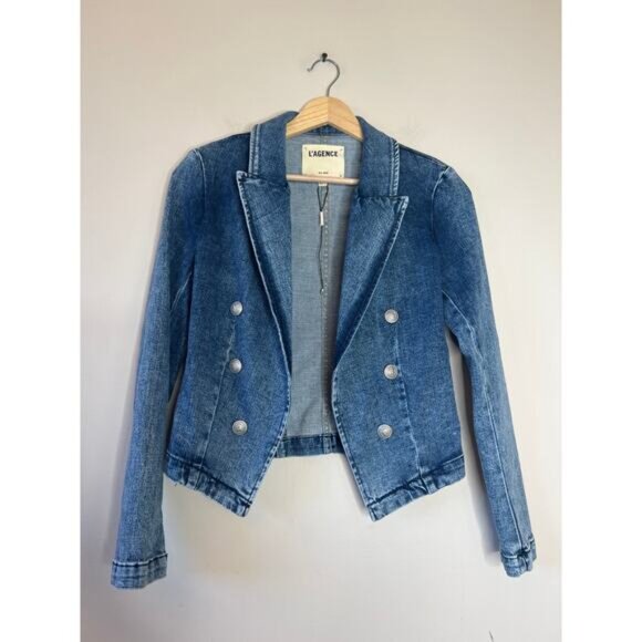 NEW L'AGENCE Ultimate Cropped Open Front Wayne Denim Jacket Blue Size: XS - Picture 2 of 7